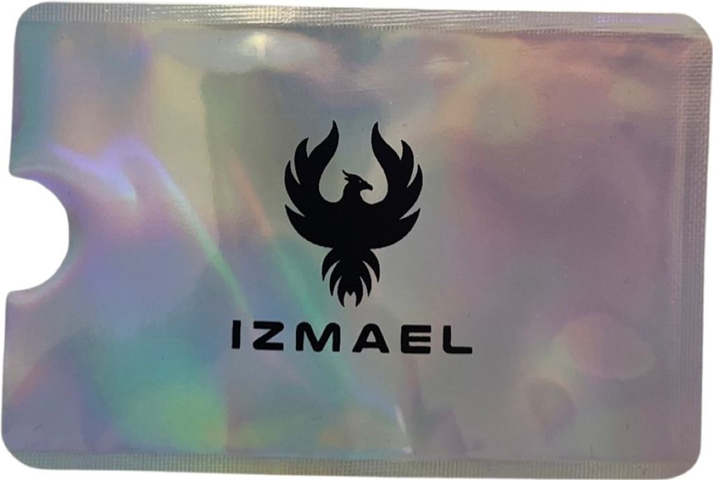 A silver holographic card holder with a black phoenix logo and the brand name 'IZMAEL' printed on it.
