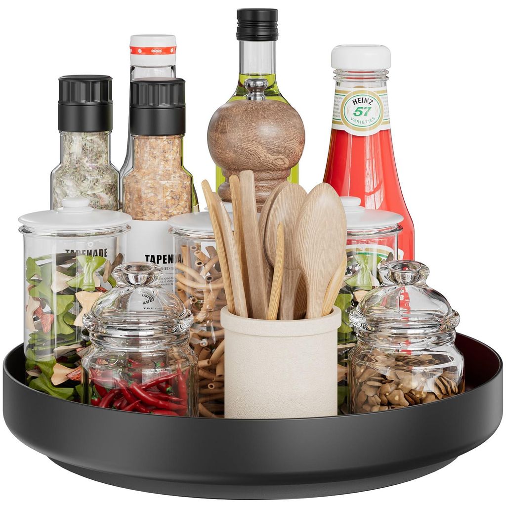 Drehbarer Gewürzständer (Lazy Susan) – 360° drehbar, Metalltablett, Organizer, 32 cm, schwarz