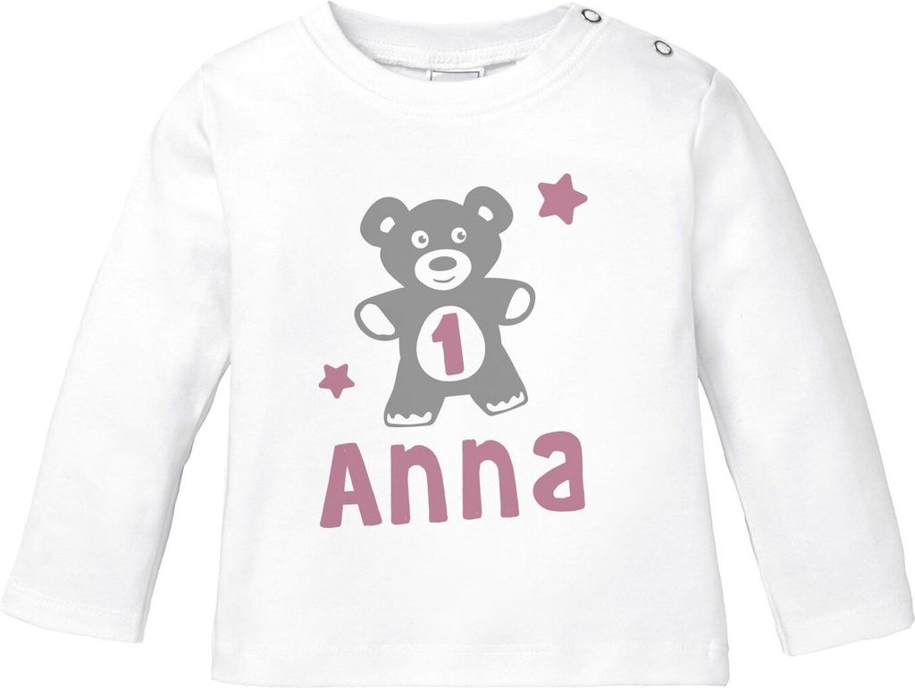 personalisiertes Baby Langarm-Shirt mit Namen Teddy-Bär Zahl 1 | 2 Geburtstagsshirt Junge/Mädchen SpecialMe Mädchen 1 Jahr weiß 68/74 (4-9 Mo...