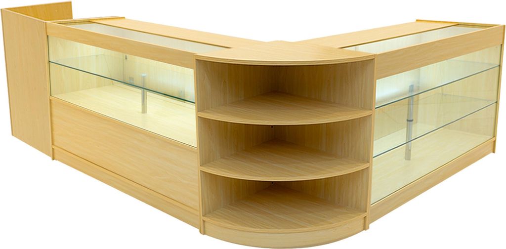 Ahorn Verkaufstheken-Set Theia mit LED-Beleuchtung – K1500, C1500, LM60, TB60 – Abschließbare Schiebetüren mit Schlüsseln – Ladeneinrichtu...