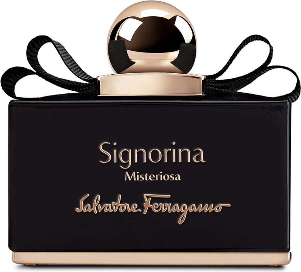 A black bottle of Salvatore Ferragamo Signorina Misteriosa perfume with gold accents and a black ribbon.