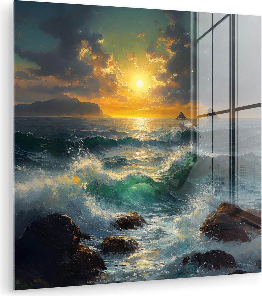 MuchoWow Glasbilder - Bilder auf Wandbild - Foto auf Glas Meer - Sonne - Wellen - Felsen 50x50 cm Wanddekoration aus Glas - Acrylglasbild - Acrylbi...