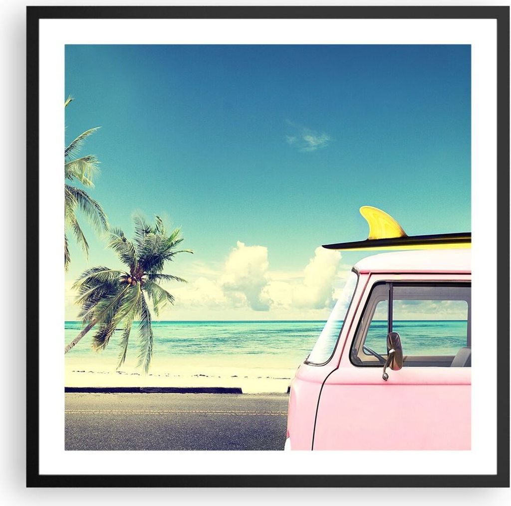 Gerahmtes Poster - Schwarzer Rahmen - Auto Surfbrett Strand Ozean - 60x60 cm - Wand Bild - Wanddeko - Wandbilder - Wandposter - Bilderrahmen - Bild...