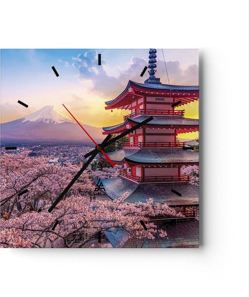 Wanduhr - Quadrat - Glasuhr - Fuji Choreito Pagode - 30x30cm - Schleichendes Uhrwerk - Lautlos - zum Aufhängen bereit - Dekoration Modern - Wandde...