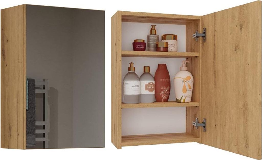 Hängender Badezimmerschrank mit Spiegel Pola 1DL – Stauraum über dem Waschbecken | Handwerkliche Eiche