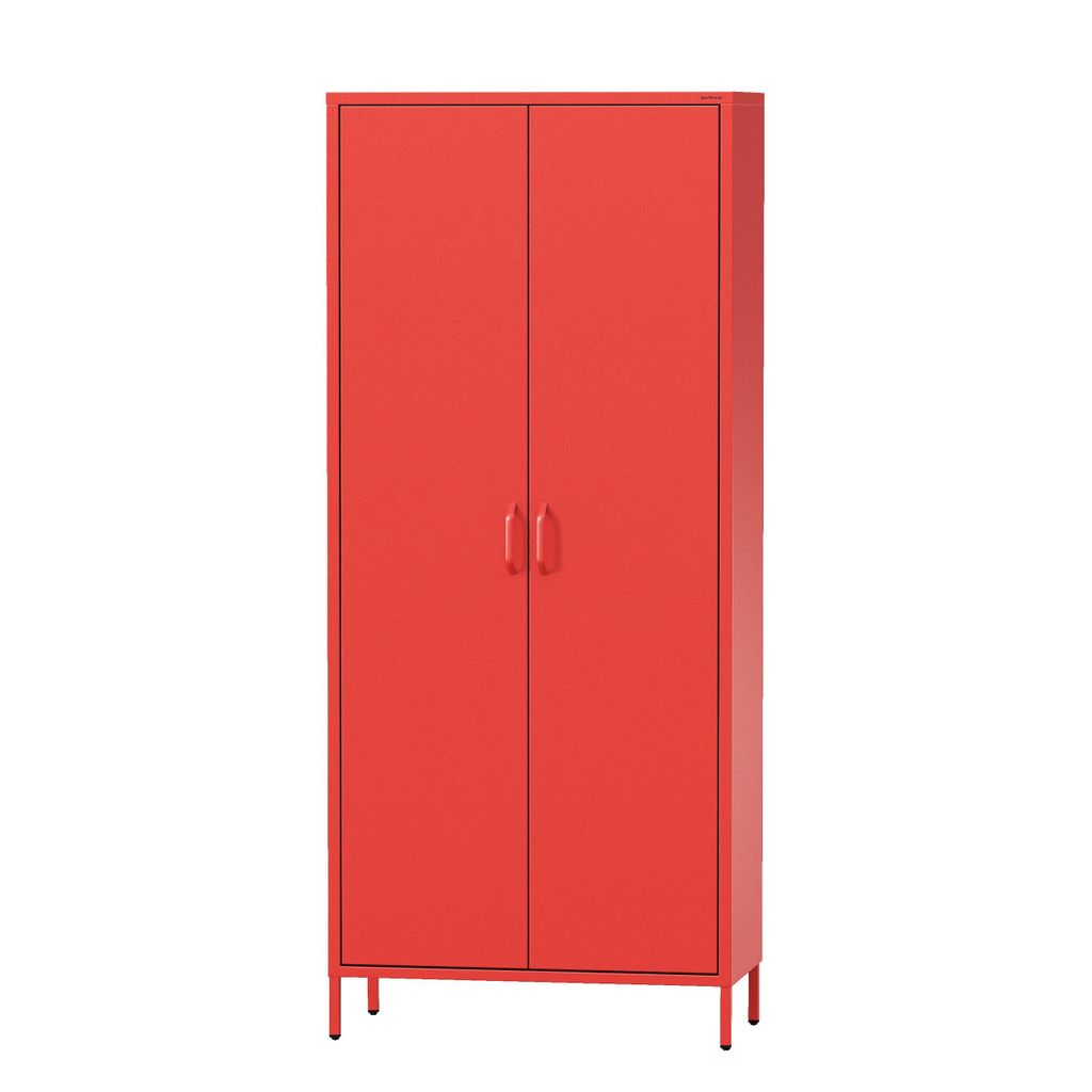 A tall, red metal wardrobe with two doors and thin metal legs, shown against a white background.