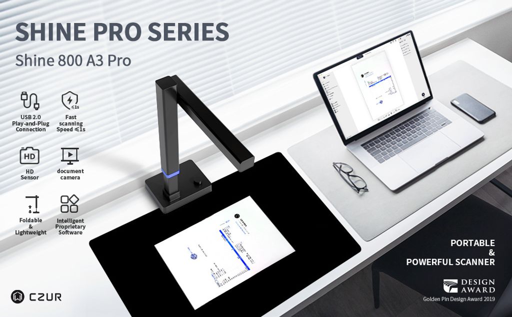 CZUR Shine 800 A3 Pro Document Camera, 90° sklopná výsuvná Obrázok produktu 4