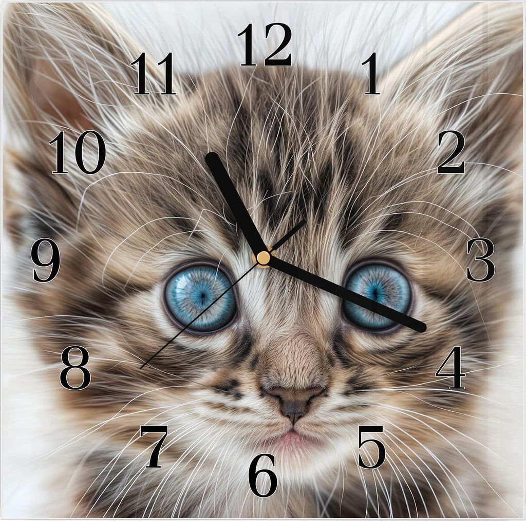 Wanduhr aus Glas mit Motiv Blaue Augen Kätzchen- 30 x 30 cm - inkl. Aufhängesystem