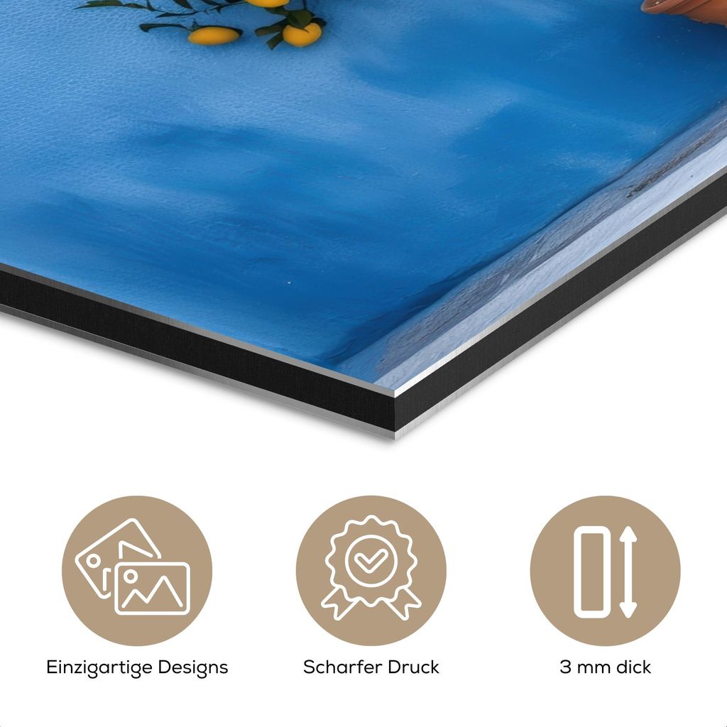 MuchoWow Wanddekoration Metall Metallbild Wandkunst 120x60 cm Zitronenbäume - Gelb - Tür - Töpfe MuchoWow Aluminium Gemälde - Metalbilder