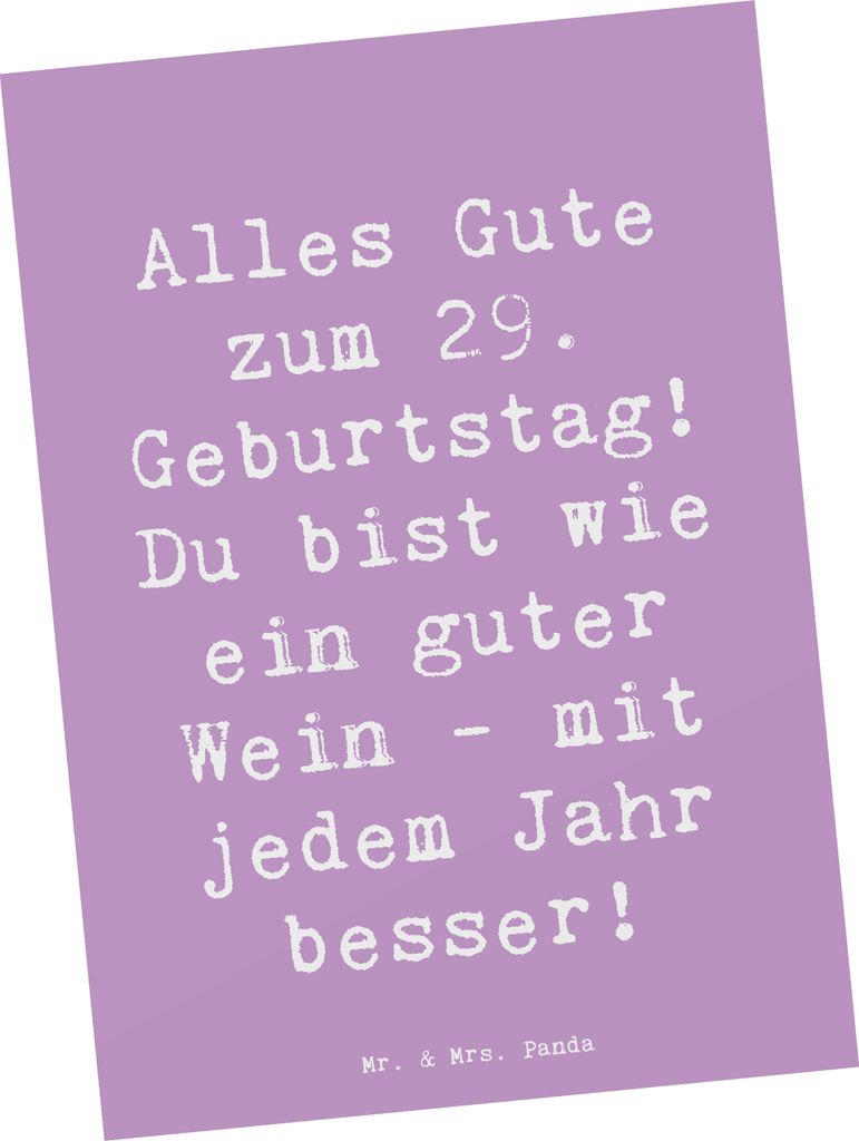 Mr. & Mrs. Panda Postkarte Spruch 29. Geburtstag Glückwünsche - Lavendeltraum - Geschenk, Alter, einzelkarte, humorvoller Geburtstagsspruch, bild...