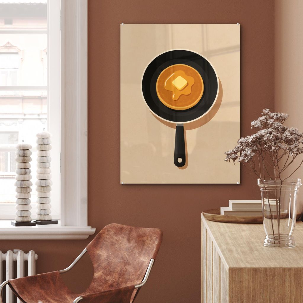 MuchoWow Glasbilder - Bilder auf Wandbild - Foto auf Glas Pfannkuchen - Bratpfanne - Butter - Minimalistisch 60x80 cm Wanddekoration aus Glas - Acr...