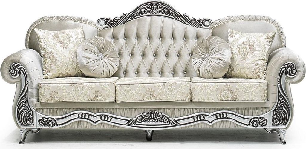 Casa Padrino Luxus Barock Sofa Grau / Creme / Silber / Schwarz - Prunkvolles Wohnzimmer Sofa mit elegantem Muster und Glitzersteinen - Luxus Wohnzi...