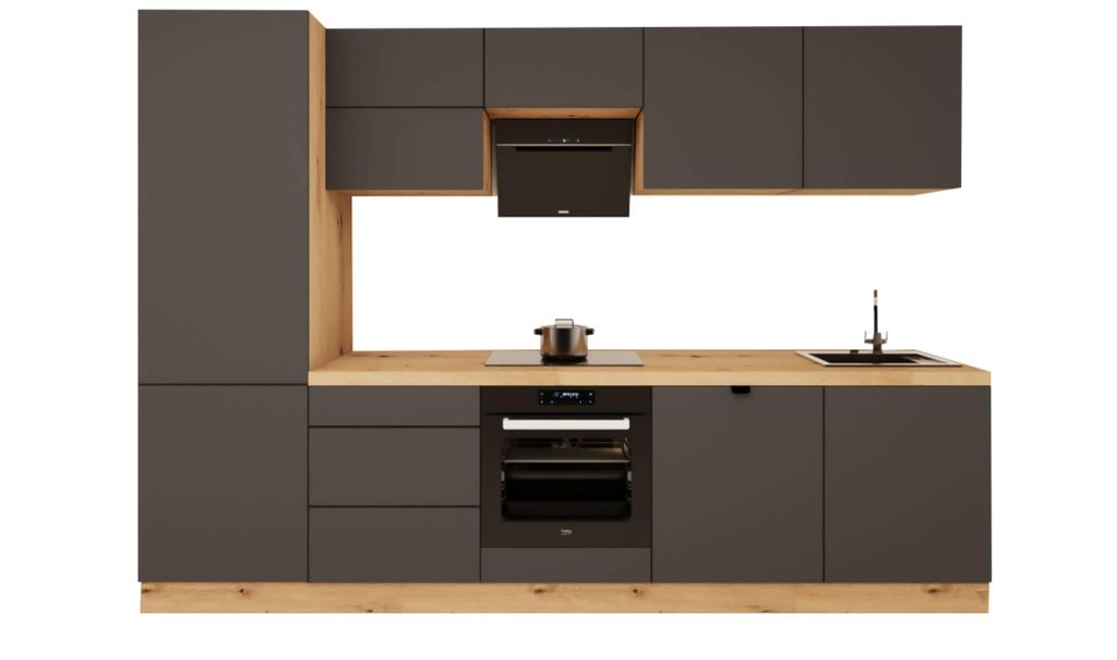 Küchenzeile 300 cm Küchenblock ohne E-Geräten Einbauküche, Langen KL29-M300 Grau/Matt
