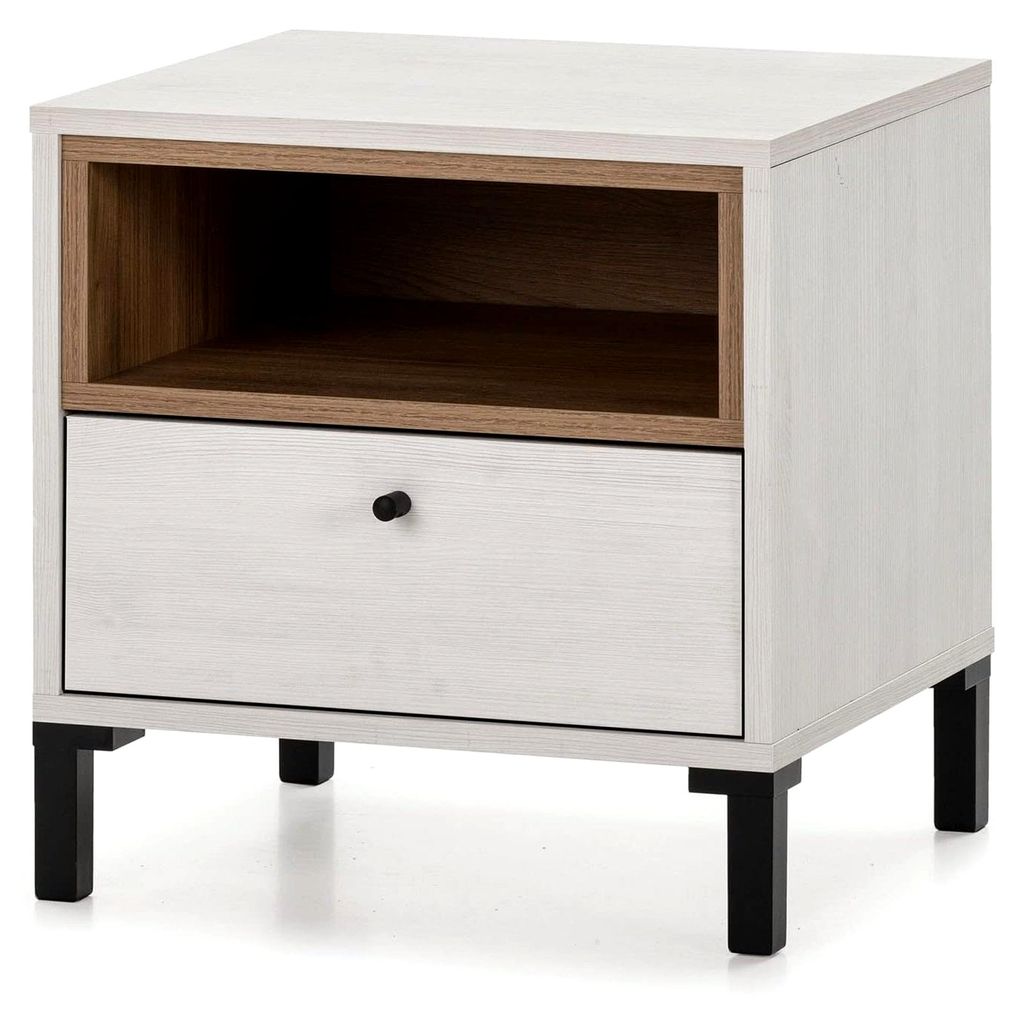 Nachttisch mit 1 Schublade und 1 Nische, Weiß und Holzfarben, 45 cm (Breite) 40 cm (Tiefe) 46,5 cm (Höhe)