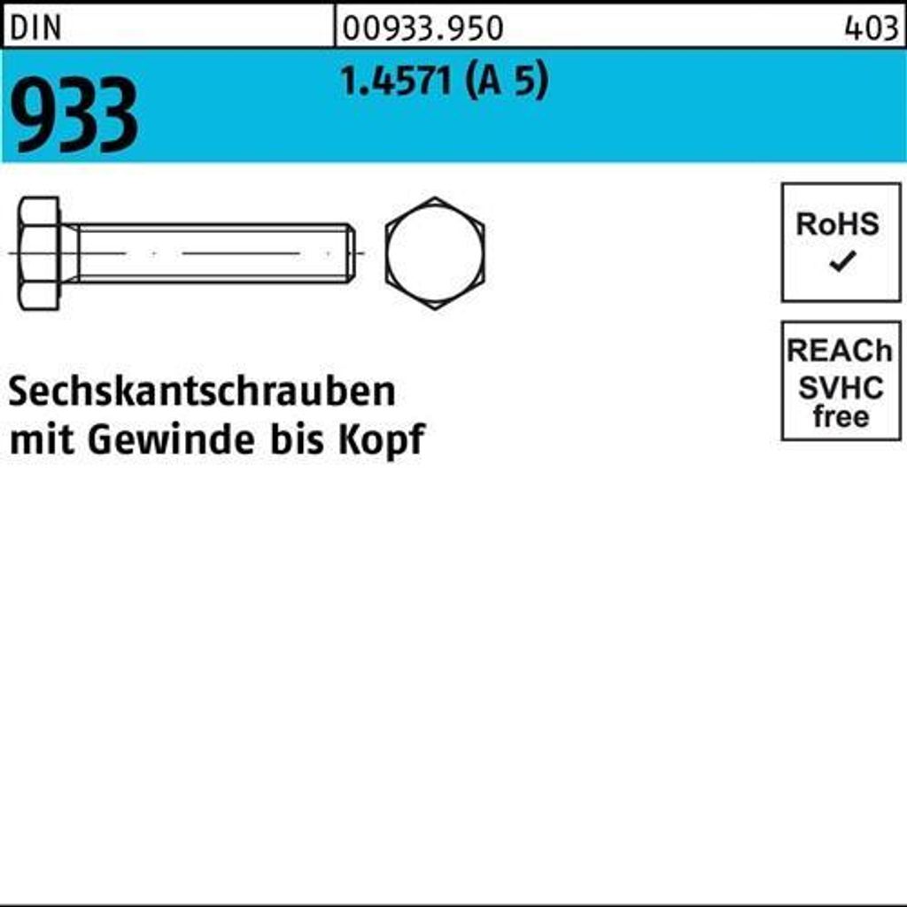 Reyher Sechskantschrauben DIN 933 1.4571 M 16 x 65 A 5 (1 Stück)