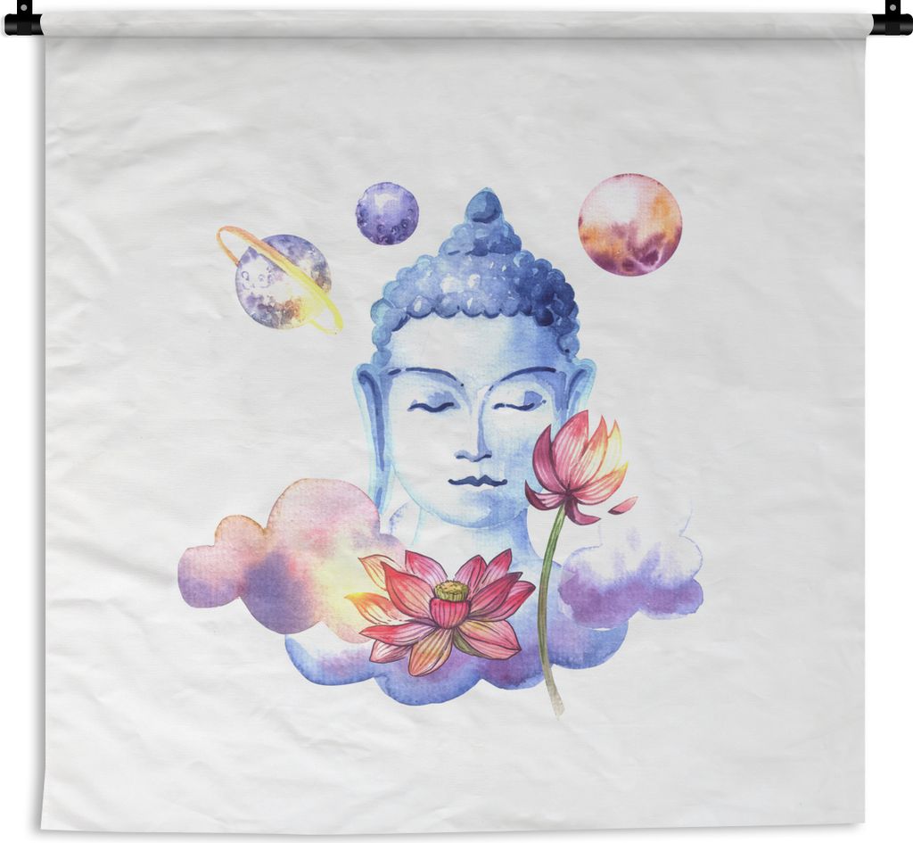 MuchoWow Wandteppich Wandbehang Buddha - Kopf - Blumen 150x150 cm Tapisserie Dekoration Wandtuch - Wohnaccessoires - Modernes