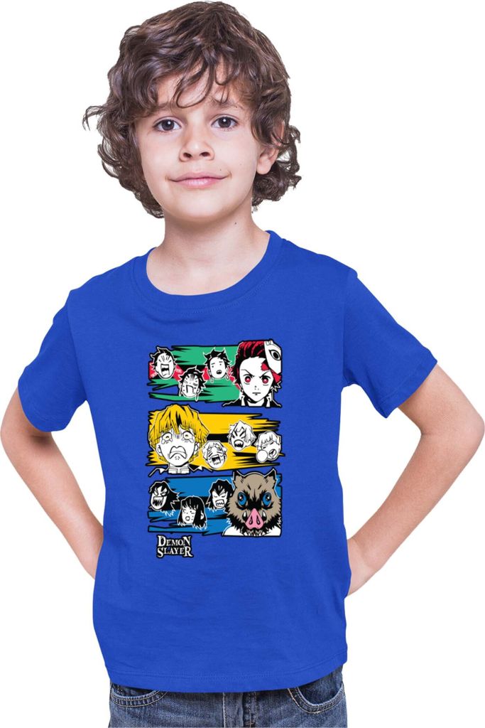 Kinder T-Shirt Demon Anime Slayer Kimetsu No Yaiba Tanjiro Zenitsu Inosuke 001, 3-4 Jahr - 104 / Blau