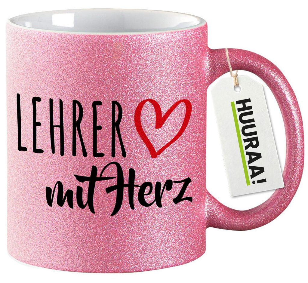 Huuraa Glitzertasse Lehrer mit Herz 330ml Pink Keramik Kaffeebecher Geschenkidee