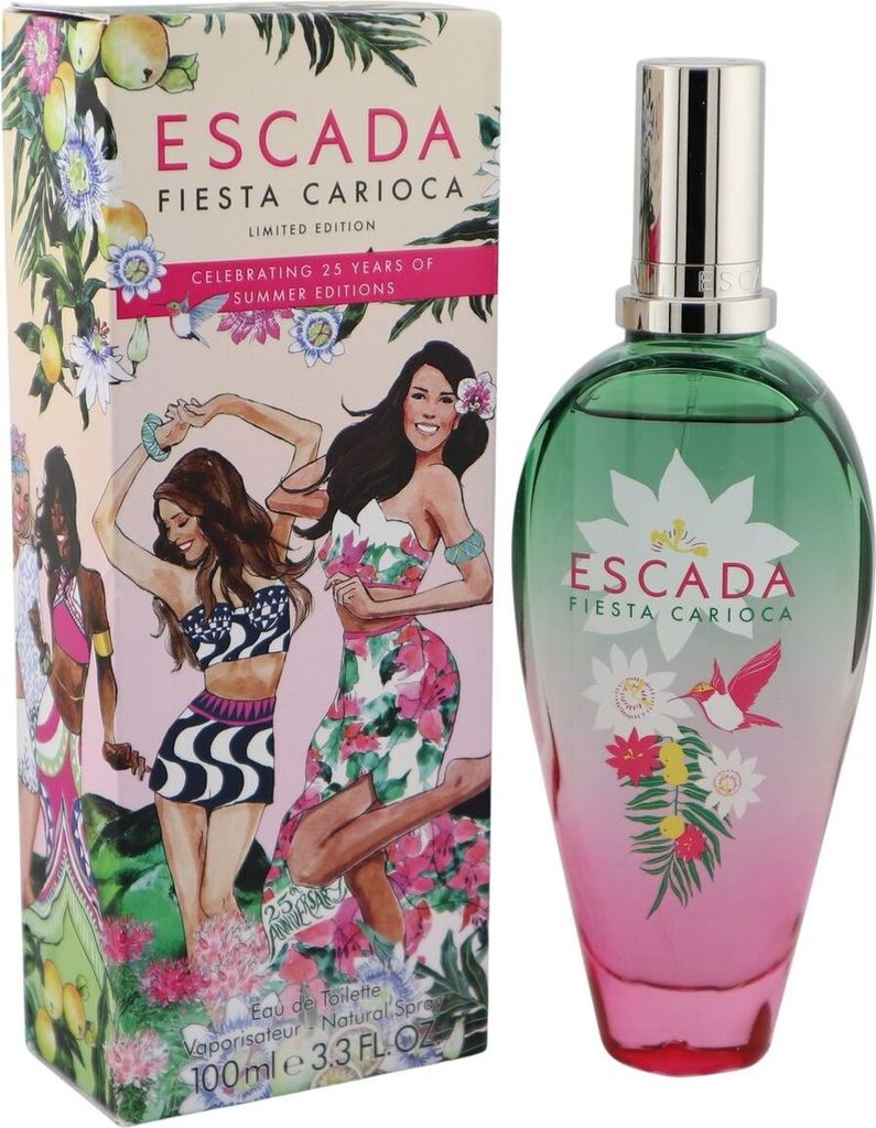 Bunte Parfumverpackung mit tanzenden Frauen, Blumen und Früchten neben einem grün-rosafarbenen Escada Fiesta Carioca Flakon mit silbernem Sprühkopf.