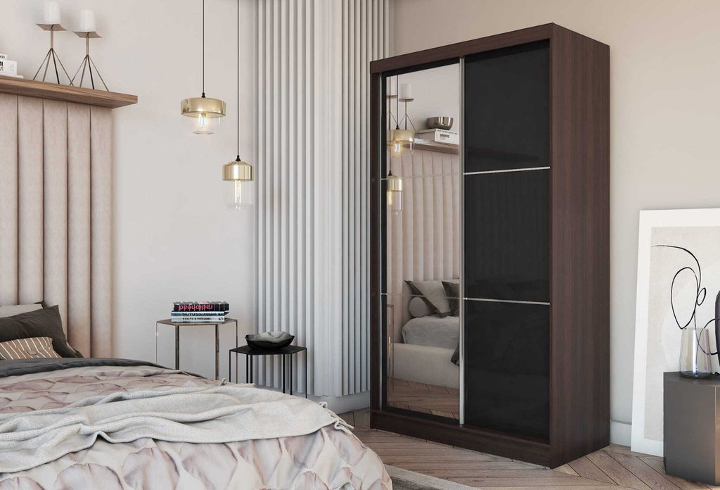 AGMAT Schwebetürenschrank Viva, Kleiderschrank mit 2 Türen und Spiegel, Moderne Garderobe in Farbe: Wenge / Schwarz, Schrank in Größe: 120 x 21...