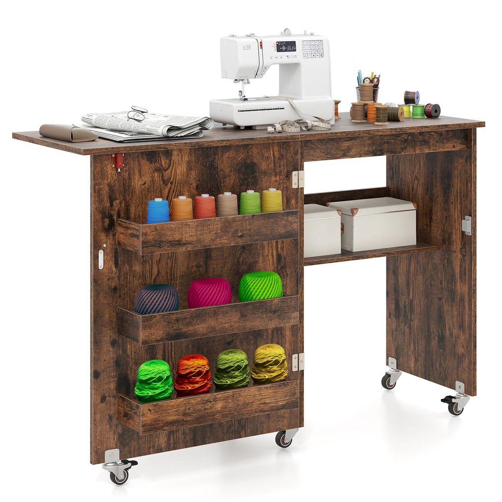 Klappbarer Nähtisch, Nähmaschinentisch mit 5 Rollen & Große Arbeitsfläche & 3 Aufbewahrungstabletts und Regal (Braun)