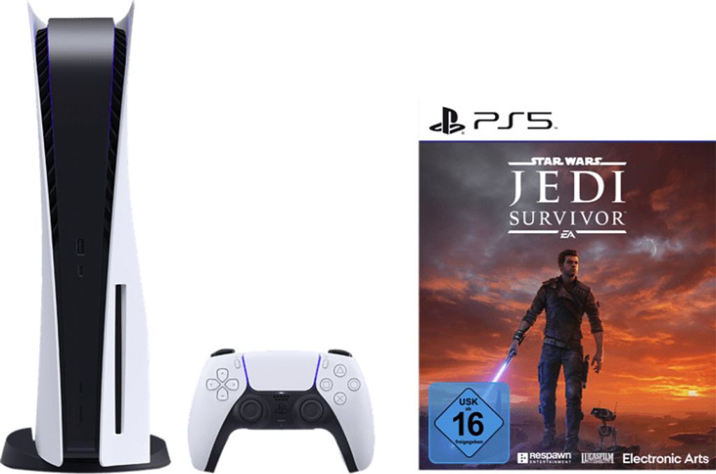 A PlayStation 5 console, controller, and a game case are displayed against a white background.