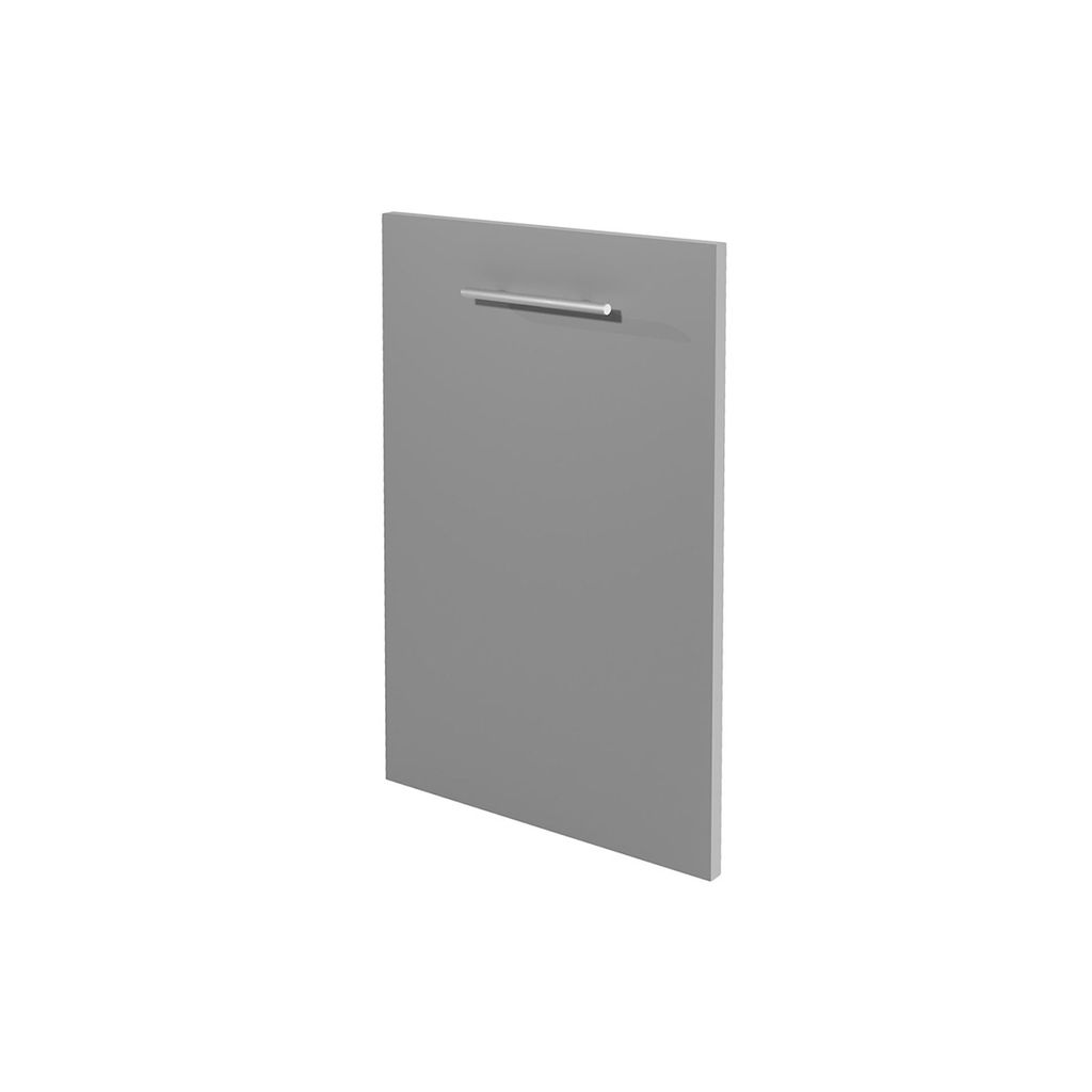A single gray cabinet door with a silver handle is shown against a white background.