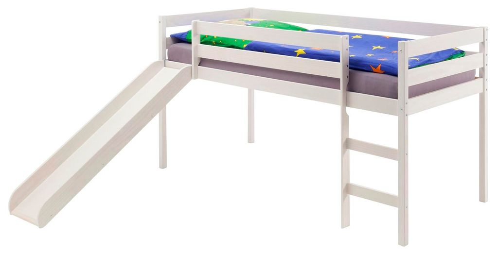 Hochbett mit Rutsche Bett mit Rutsche BENN Kiefer massiv in weiss lackiert 90 x 200 cm (B x L)