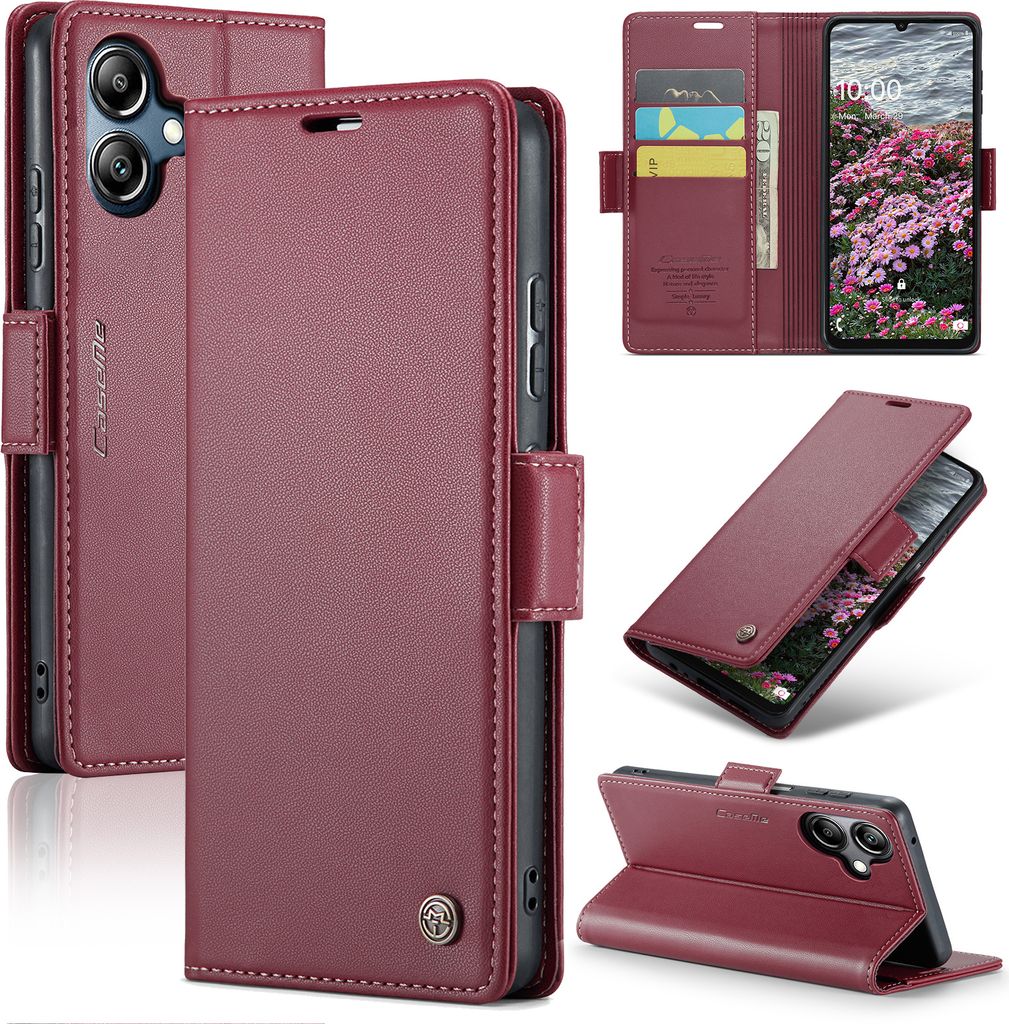 A collage of images showing a red leather phone case for a Samsung Galaxy A06.