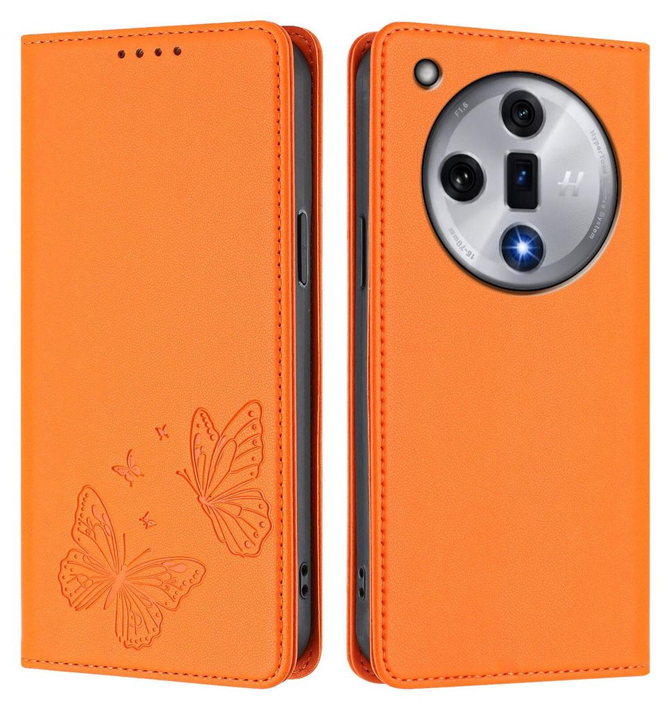 Lederhülle für Oppo Find X7, Schmetterling Prägung Leder Brieftasche Schutzhülle mit Ständer Orange