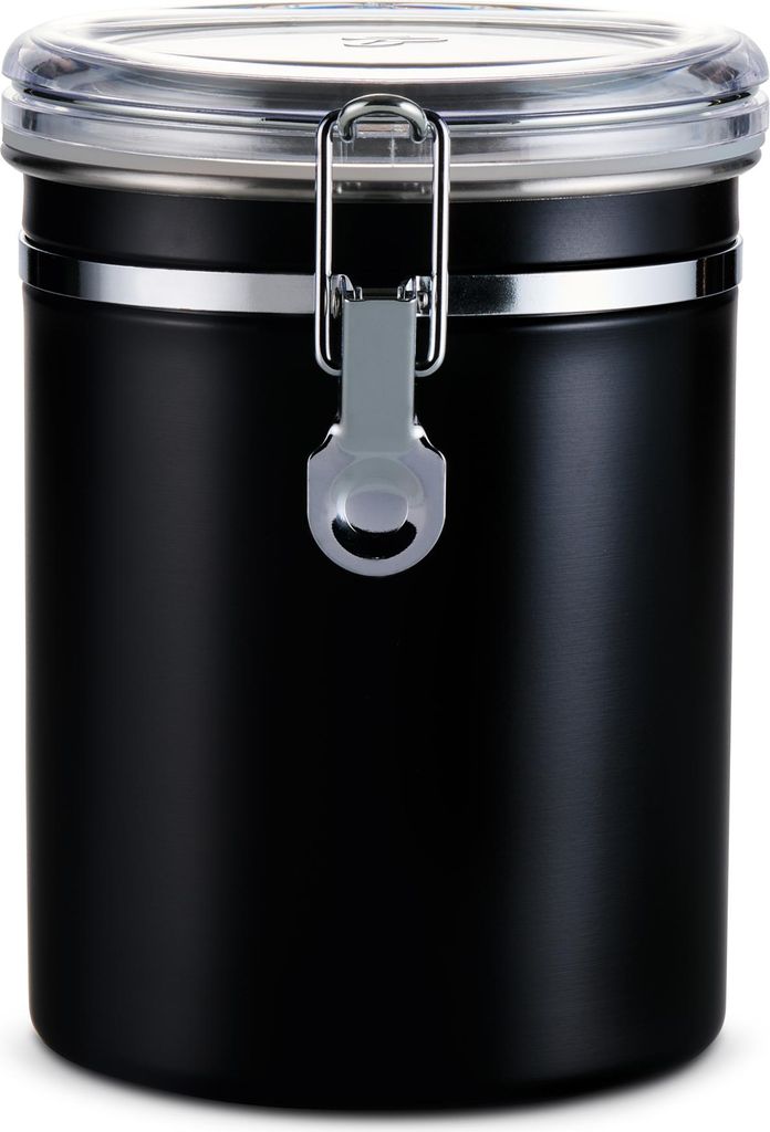 A black metal coffee canister with a clear lid and a silver clasp.