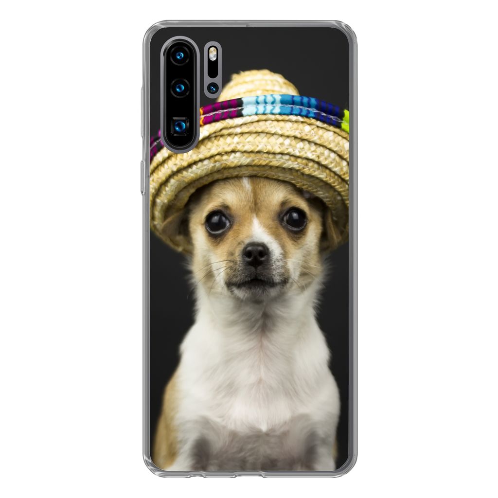 MuchoWow Handyhülle Schutzhülle Hülle für Huawei P30 Pro Hund - Sombrero - Schwarz Silikon Softcase Handy Hülle - Schutzdeckel