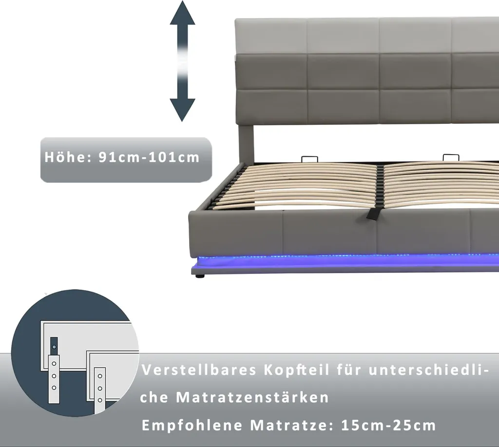 Lit coffre 180x200 cm gain de place pour chambre avec LED grise - 5