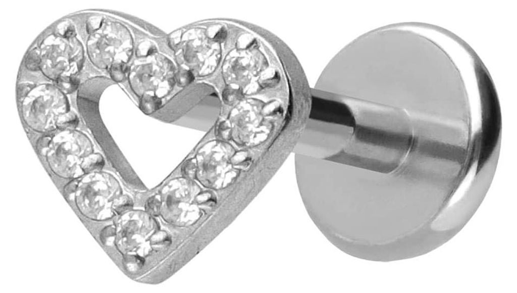 Ohrpiercing, Nasenpiercing Titan Labret mit Push Fit KRISTALLHERZ Silber Stablänge: 8mm | Stabstärke: 1mm
