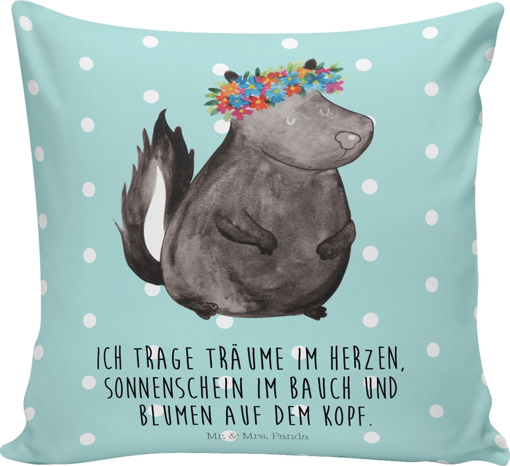 Mr. & Mrs. Panda Kissen 40x40 Stinktier Mädchen - Türkis Pastell - Geschenk, Wildtier, Dekokissen, Namaste, Deko, Skunk, für sofa, Yoga, Kuschel...