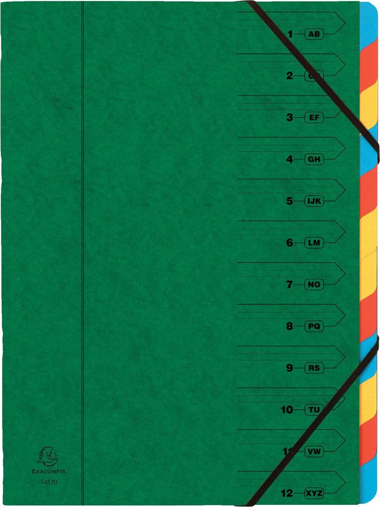 Exacompta 8x Ordnungsmappe Karton 355g/m2 + Gummizug 12 Fächer A4 Grün 54123E