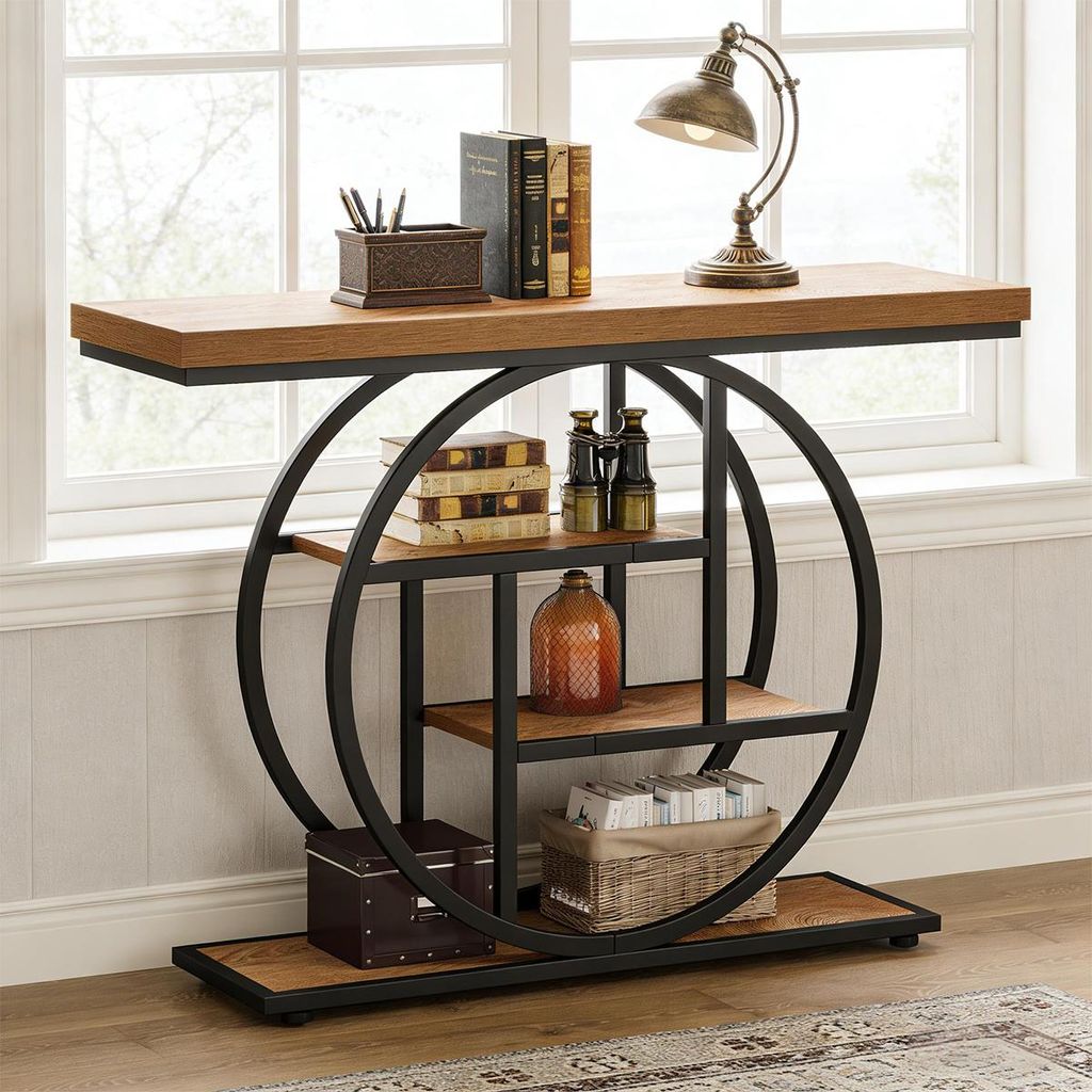 Konsolentisch mit Rundem Fuß und Industrieller 4-stöckiger Eingangstisch Flurtisch 105 x 30 x 80cm Hellbraun