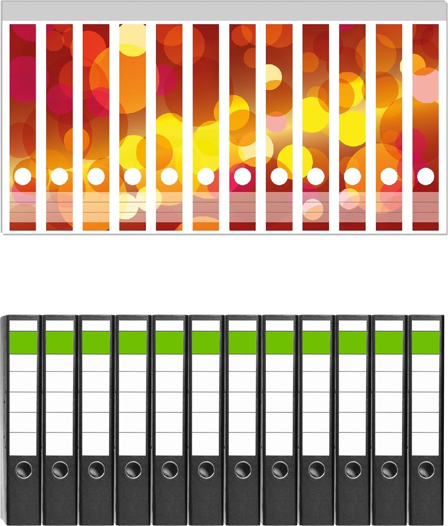 Wallario 12 Stück schmale Ordner inkl. Klebeetiketten mit Motive Rote gelbe und orange Kreise - harmonisches Muster - Set mit Rückenschildern /...