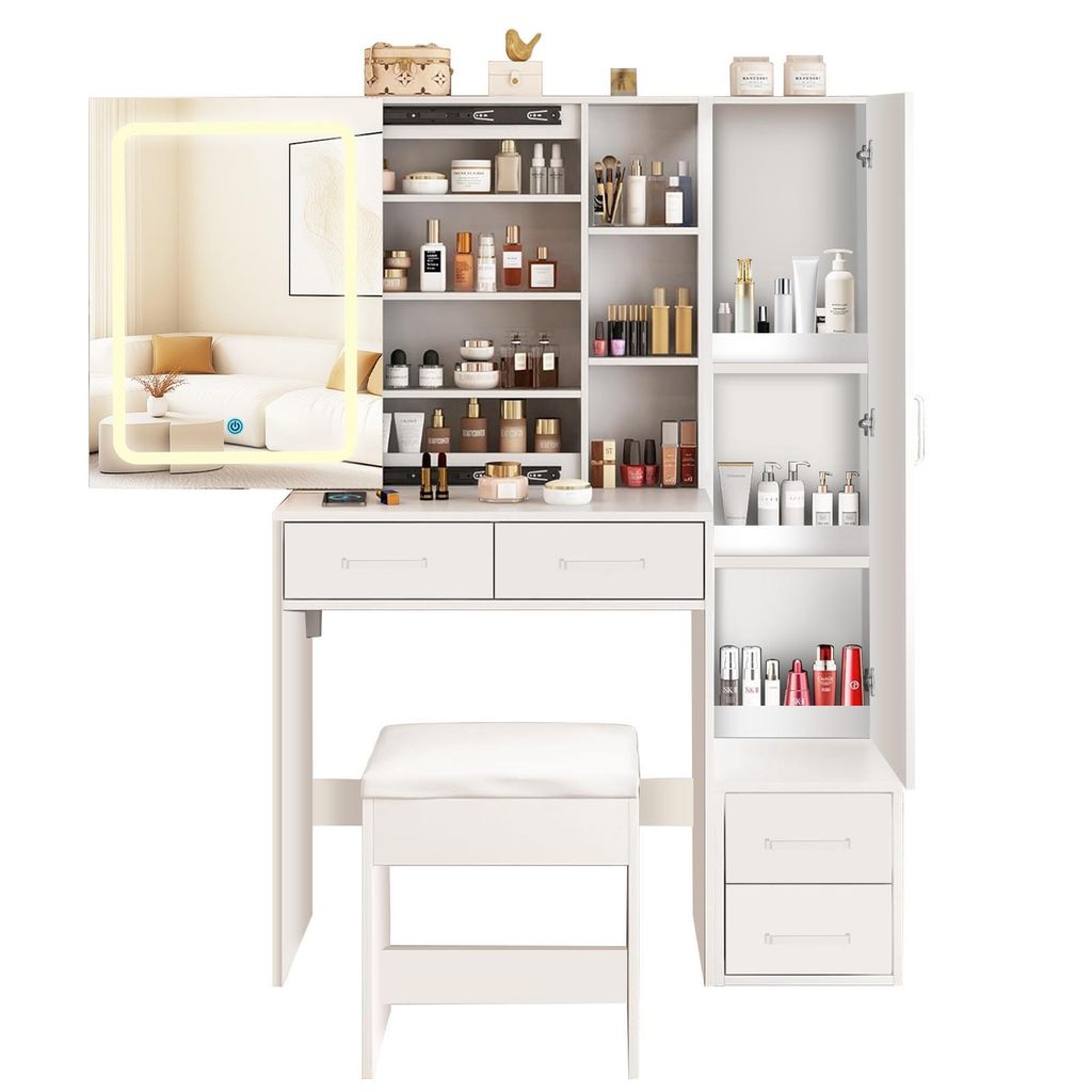 ZELURXX LED Schminktisch mit Steckdose, Schiebespiegel mit 3 Lichtfarben, viel Stauraum, 654 mm breit, inkl. Hocker, Weiß