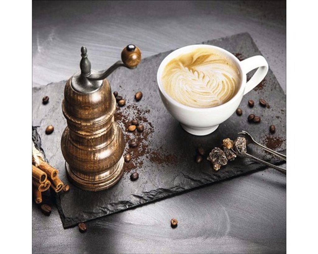 Glasbild Café I Kaffee-Motiv Latte Art Kaffeebohnen Vintage 20x20 cm