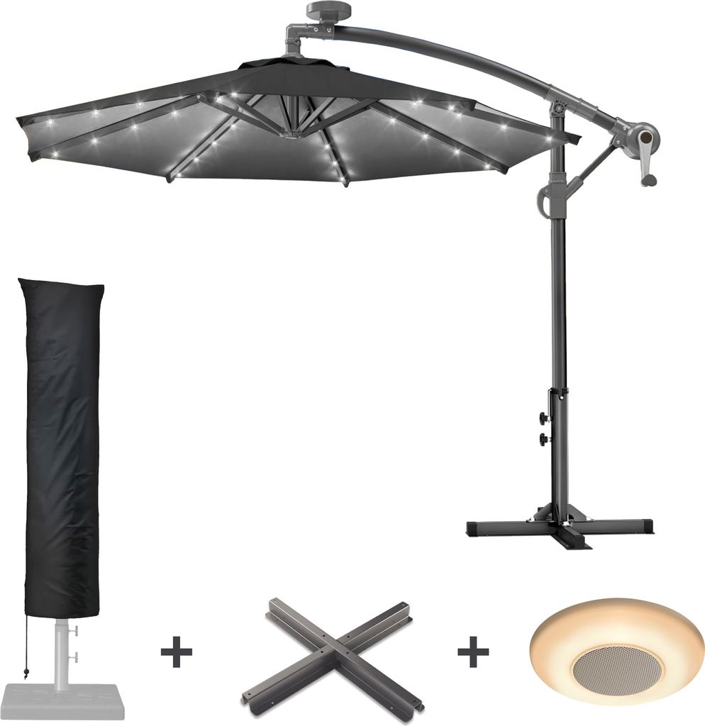 SUNSET | Sonnenschirm | Rund | Ø 300 cm | Schwarz | LED | +Ständer & Hülle | Sonnenschirm, Gartenschirm, Ampelschirm, Balkonschirm