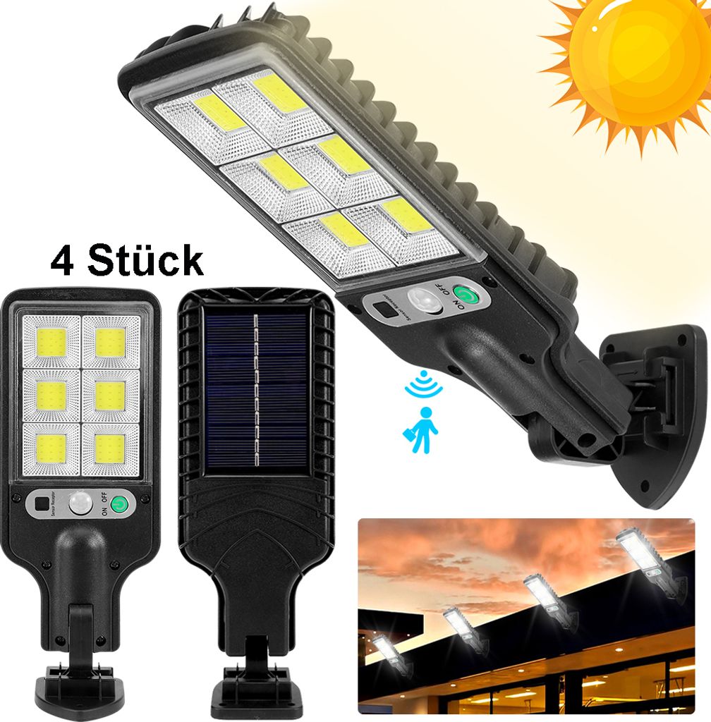 A collage of solar-powered LED lights, showing individual units and a lifestyle shot of them installed.