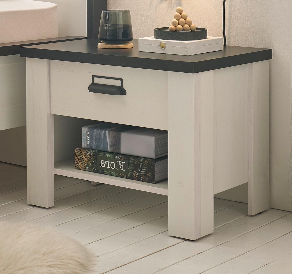 Nachttisch "Stove" in weiß Pinie und anthrazit Landhaus Nachtkommode mit Schubkasten 60 x 46 cm