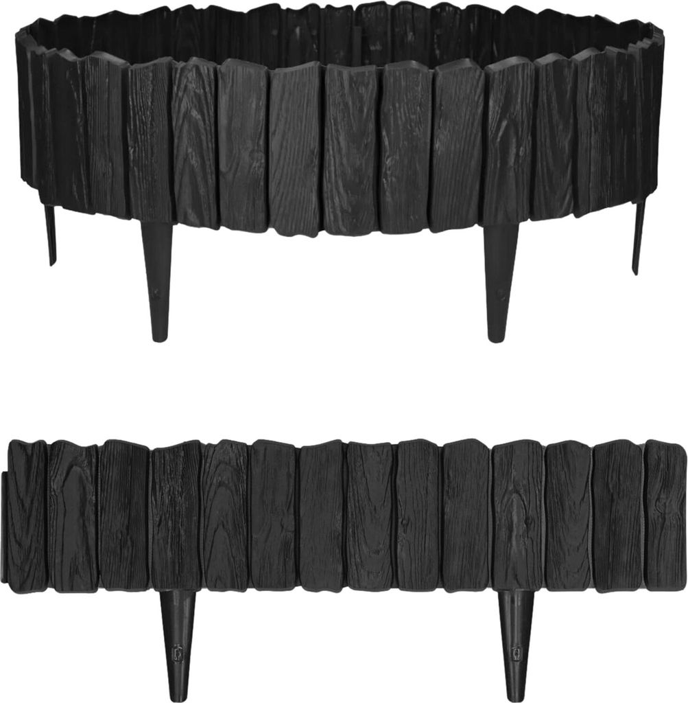 Two views of a black garden border with a wood-like texture, each supported by legs.