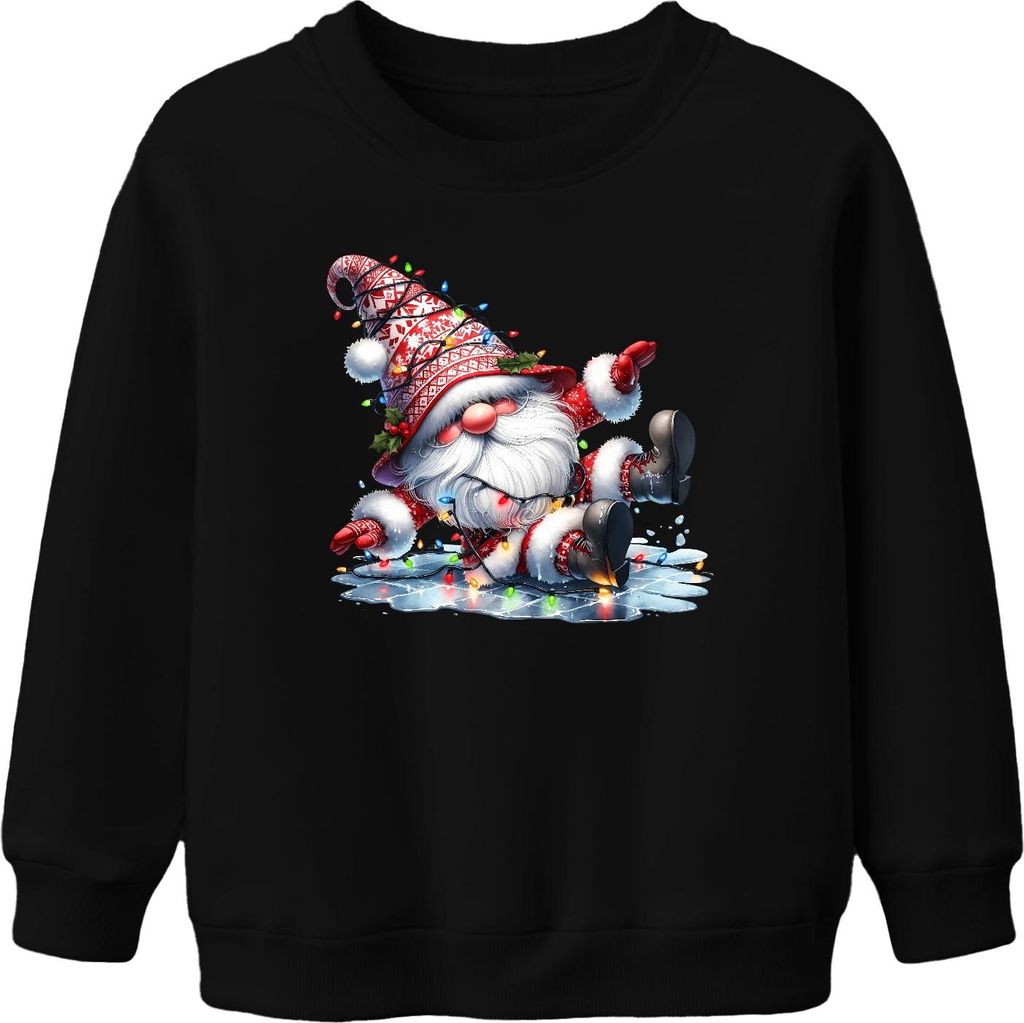 Lustiger Weihnachtswichtel rutschend auf Eis mit Lichtern Weihnachten Uni Kinder Sweatshirt Pullover, Schwarz, 116