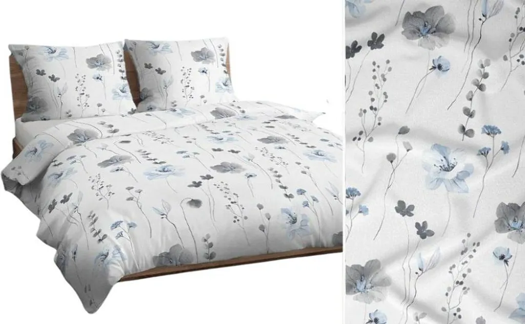 Housse de couette 140x200 coton KARO parure de lit fleurs gris bleu