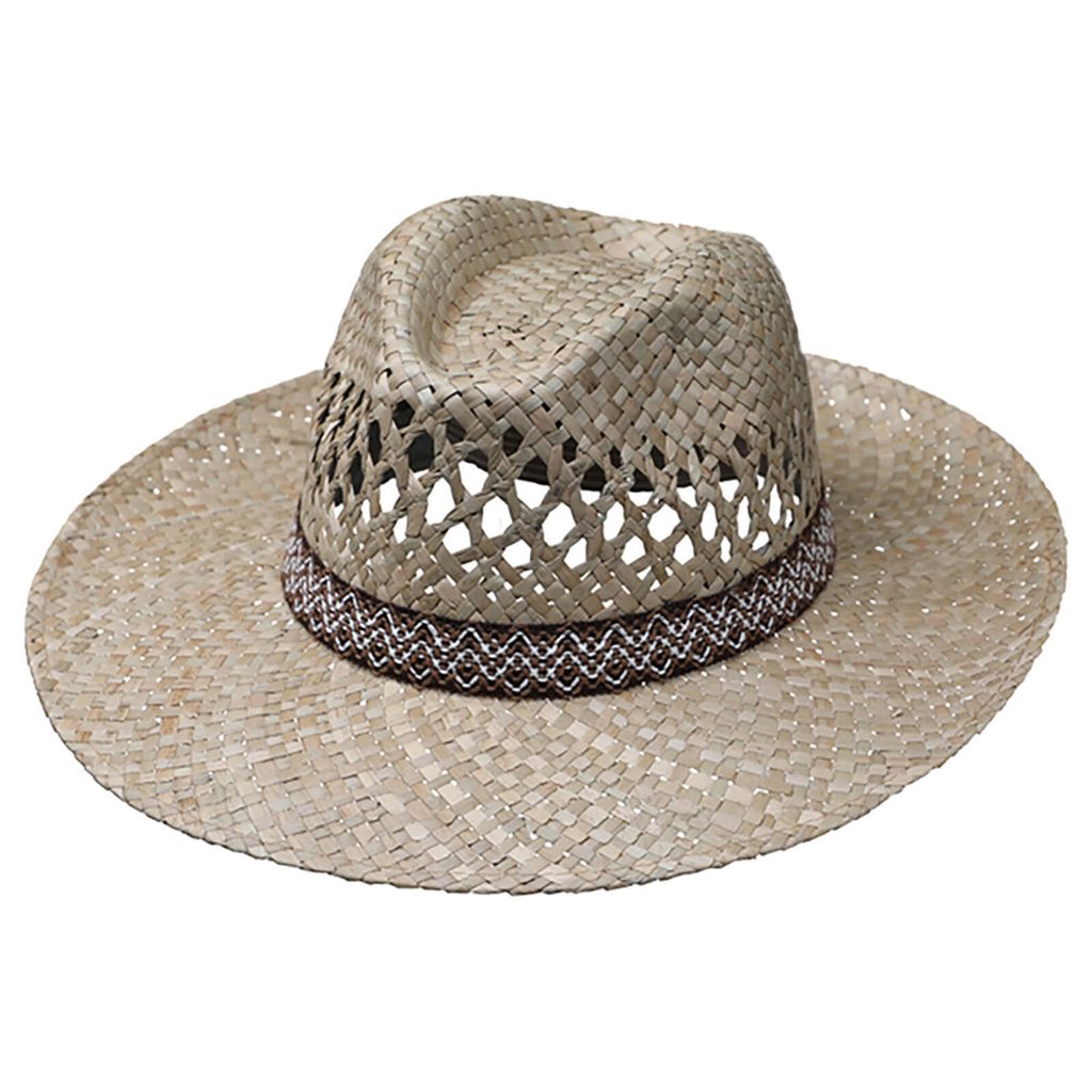 Fiebig Strohhut Fedora mit breiter Krempe + gemustertem Band Natur Gr. 63