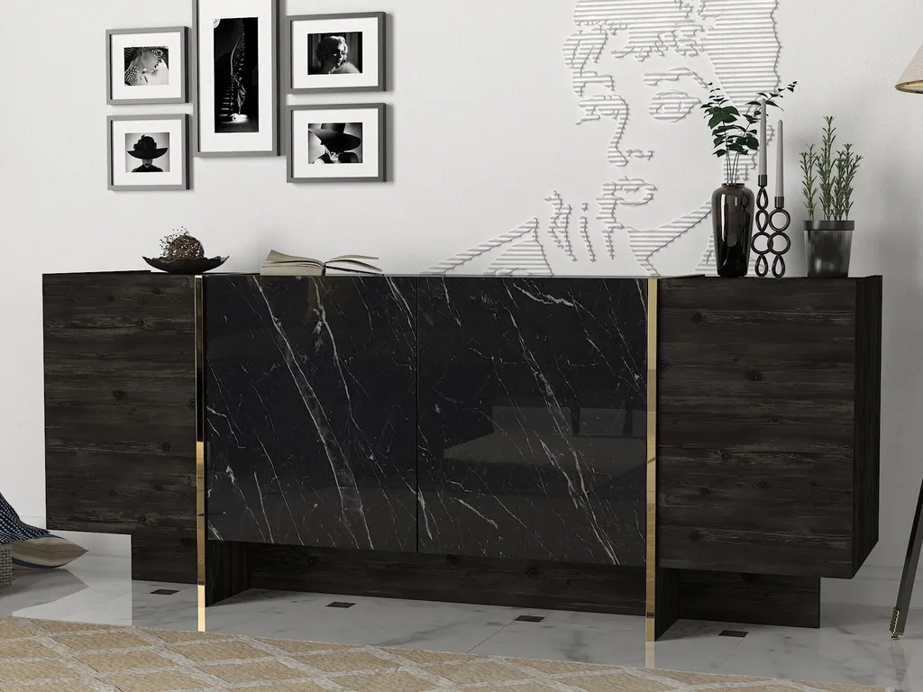 Buffet Veyron 180 cm Noir et Or, Meuble de Salon Robuste avec Finition