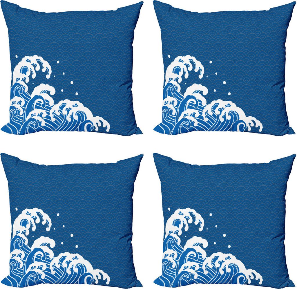 ABAKUHAUS japanische Welle Kissenbezug Set (4 Stück), Sea Oriental Waves, Moderner Doppelseitiger Digitaldruck, 60 cm x 60 cm, Violett Blau Weiß