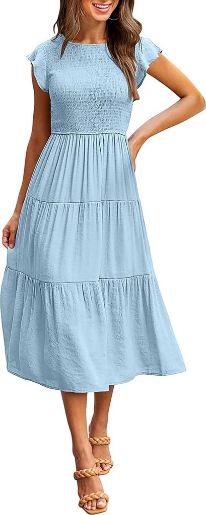ASKSA Damen Elegant Kleid Maxikleid A-Linie Swing Boho Flatterärmel Kleider, Blau, L